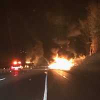 <p>A fiery crash early Saturday involving two tractor-trailers occurred just past Exit 16 on eastbound on I-84 in Southbury.</p>