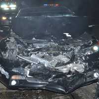 <p>A drunken driver slammed this car into a Connecticut State Police SUV that was stopped to investigate a fatal crash on I-91 northbound in Cromwell.</p>