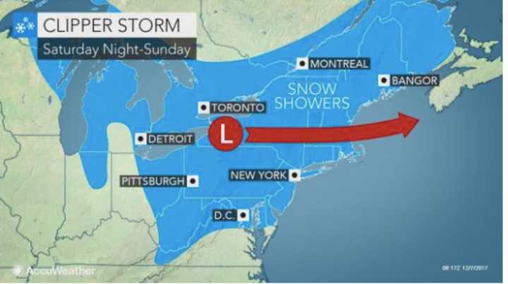 A clipper storm will impact the area Saturday night into Sunday after a coastal storm moves northward Friday into Saturday.