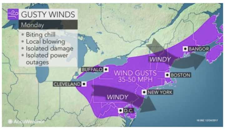 Winds will gust up to 50 miles per hour on Christmas Day.