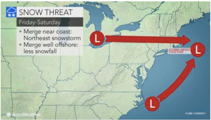 Two storm systems may attempt to merge and deliver snow to the area as the calendar gets set to flip to 2018.