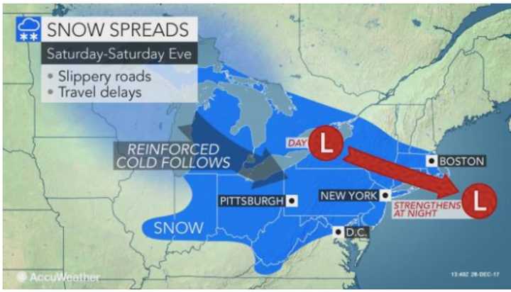 Snow is expected to arrive early Saturday afternoon, resulting in slippery roads.