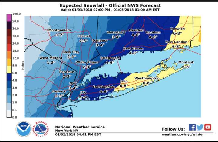 Snowfall projections for the storm arriving overnight Wednesday and continuing through Thursday.