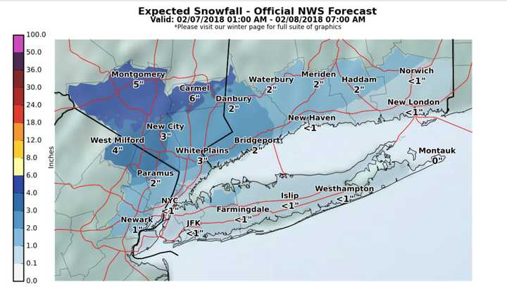 A look at the latest snowfall projections for Wednesday&#x27;s storm by the National Weather Service.