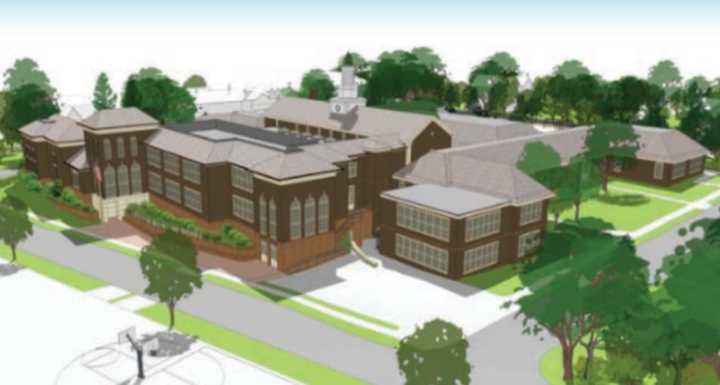 An artist&#x27;s rendering of the proposed renovated Greenacres School in Scarsdale.