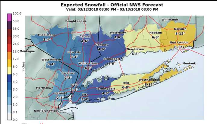 The latest snowfall projections for the latest Nor&#x27;easter, released late Monday afternoon by the National Weather Service.