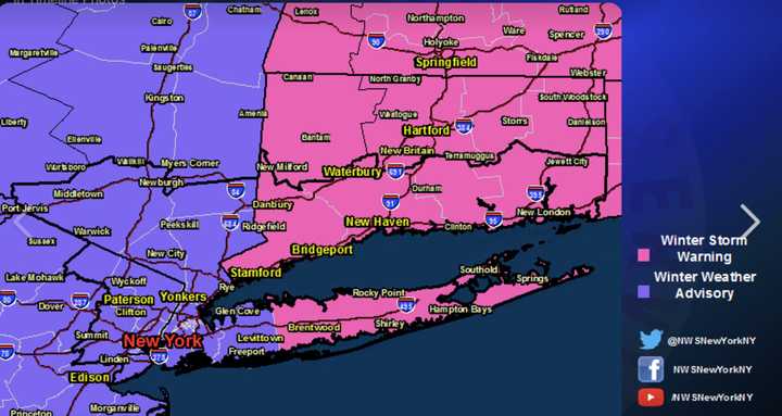 A look at areas where Winter Storm Warnings (pink) and Winter Weather Advisories (purple) are in effect for late Monday into Tuesday.