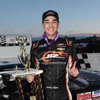 <p>Ridgefield native Anthony Alfredo after a recent top-10 racing finish.</p>