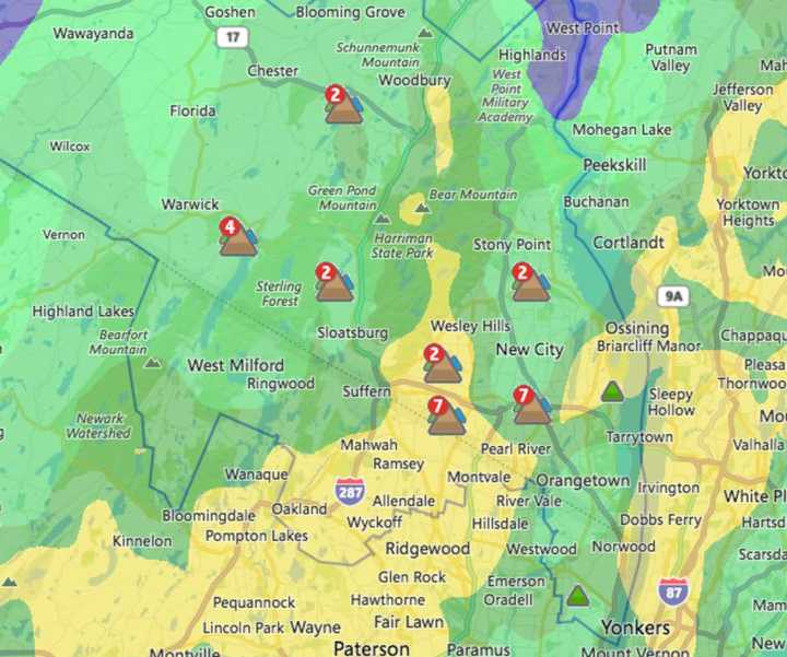 The Orange &amp; Rockland map shows the major outage areas in the county.