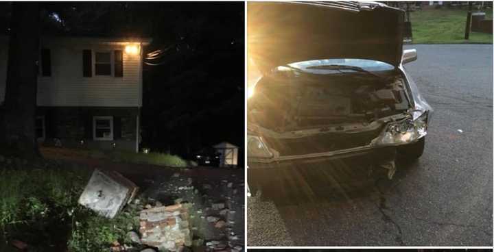 A look at the car that crashed into the brick pillar in front of a house in the Village of Airmont.