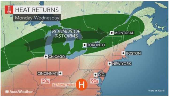 A long stretch of dry days will include a stretch of hot weather Monday through Wednesday.