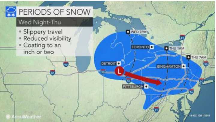 Much of the Northeast will see some snow early Thursday morning with slippery travel, reduced visibility and accumulation of 1-2 inches of snowfall.