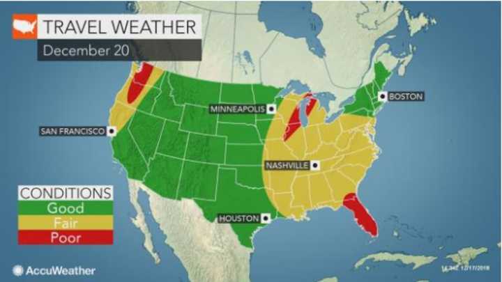 The stormy weather will arrive in the area on Thursday, Dec. 20, expected to be one of the busiest travel days of the year.