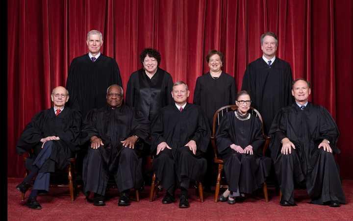 Supreme Court, front row (left to right): Stephen Breyer, Clarence Thomas, John Roberts (Chief Justice), Ruth Bader Ginsburg, and Samuel Alito. Back row (left to right): Neil Gorsuch, Sonia Sotomayor, Elena Kagan, and Brett Kavanaugh.