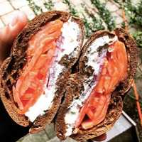 <p>Whole wheat bagel • fresh lox • cream cheese • tomato • onion</p>