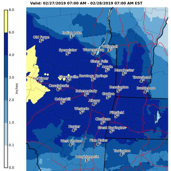 Most of the Dutchess area will see about 3 to 5 inches in total, but a few spots may see as much as 6 inches of snow.