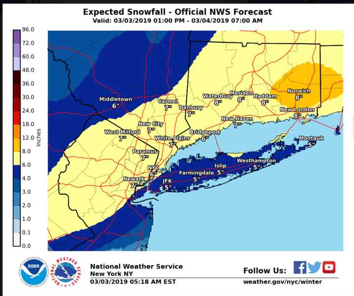 A look at the latest projected snowfall totals.