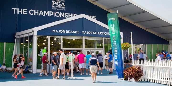 A 60,000-square-foot merchandise tent has been set up at Bethpage Black in advance of the PGA Championship.