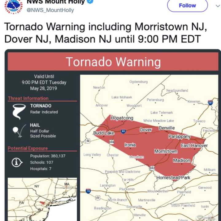 Tornado warning issued in Morris County.