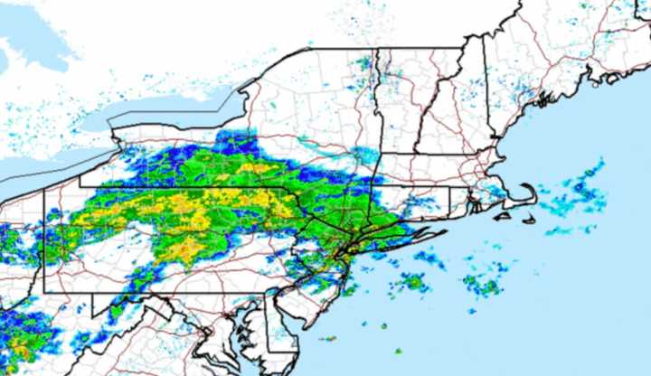 A radar image showing rain and storms moving west to east Tuesday morning, June 18.