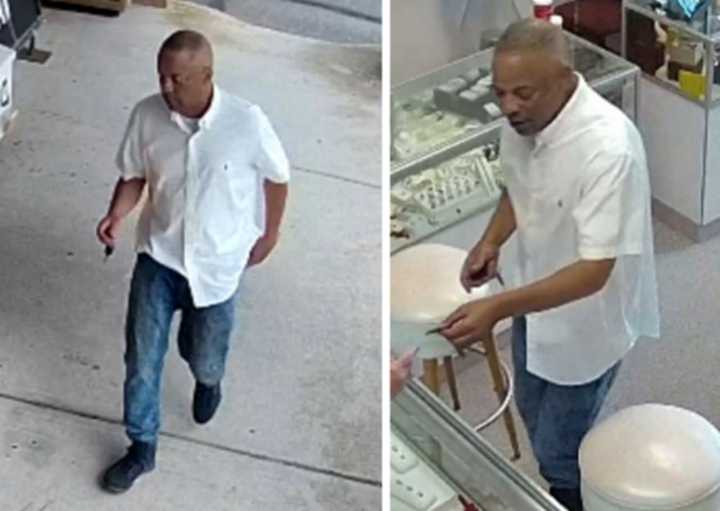 Police are on the lookout for a man suspected of stealing a 14k yellow gold bracelet and three 14k yellow gold rope chains from The Jewelry Box by M&amp;T, Inc. (127 Smithtown Boulevard) on Wednesday, Aug. 14 around 12:40 p.m.