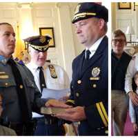 <p>Lt. Rawa is sworn in, left, and Chief Zienowicz poses with her family at the promotion ceremony Tuesday in Morris County.</p>