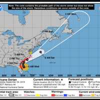 <p>A look at the latest project path and timing for Hurricane Dorian, released Wednesday morning, Sept. 4.</p>