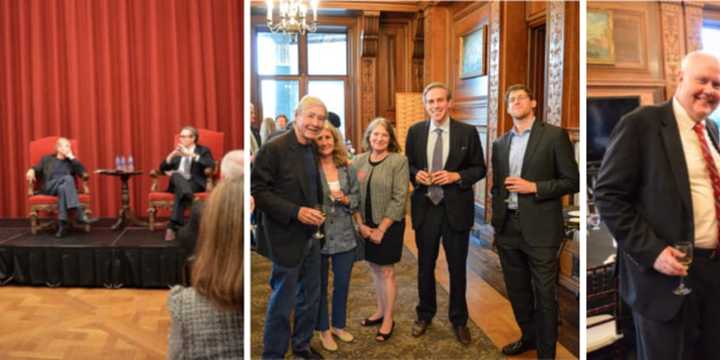 Photo 1: Richard North Patterson and Bret Stephens; Photo 2: Richard North Patterson, Nancy Clair, Tracy Muirhead, Bret Stephens, Stephan Feldgoise; Photo 3: Manhattanville President Michael Geisler, Richard North Patterson and Stephan Feldgoise