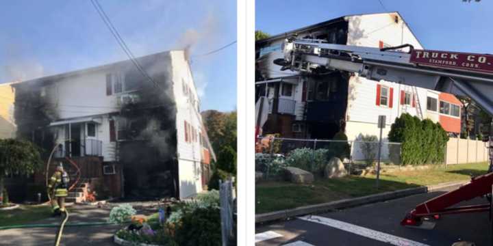 Stamford fire crews worked to extinguish a blaze coming from a garage in the area of Wardwell Street and Fredrick Street on Tuesday, Oct. 1 around 3 p.m.