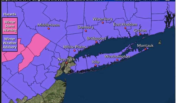 Winter Weather Advisories have been expanded to include Long Island and Queens and are in effect until 10 a.m. Tuesday, Dec. 17, and until 6 p.m. Tuesday north of I-287 in New York and the Merritt Parkway in Connecticut.