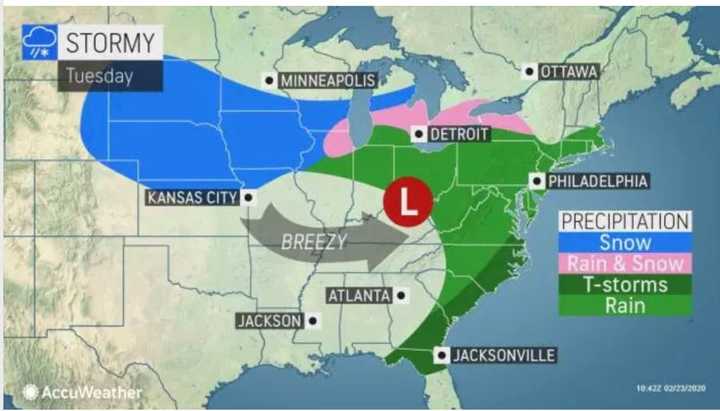 A look at the storm system that will sweep through on Tuesday, Feb. 25.