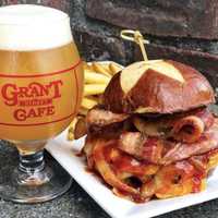 <p>Grant Street Cafe&#x27;s Hansel and Grant Street Burger with a Grimm &quot;City Vision&quot; Double IPA.</p>