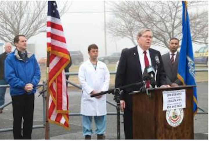 Mayor David Martin and officials at the launching of the new COVID-19 drive-through testing site at Cummings Park in Stamford.