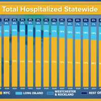 <p>Total hospitalizations by most affected regions state-wide: New York City (yellow), Long Island (sky blue), Westchester (royal blue) and the rest of the state (dark blue).</p>