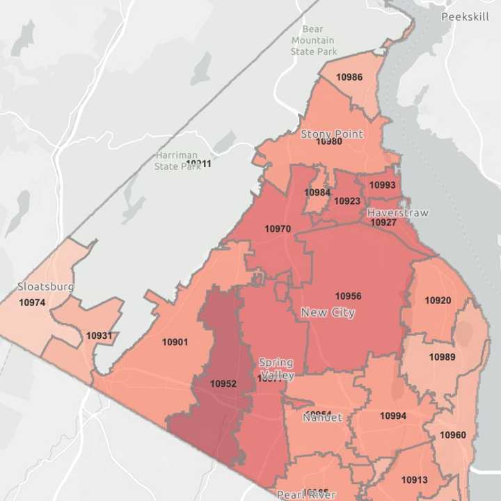 The map of COVID-19 cases in Rockland County.