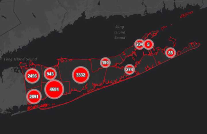 The COVID-19 map in Suffolk County as of Friday, April 10, 2020.