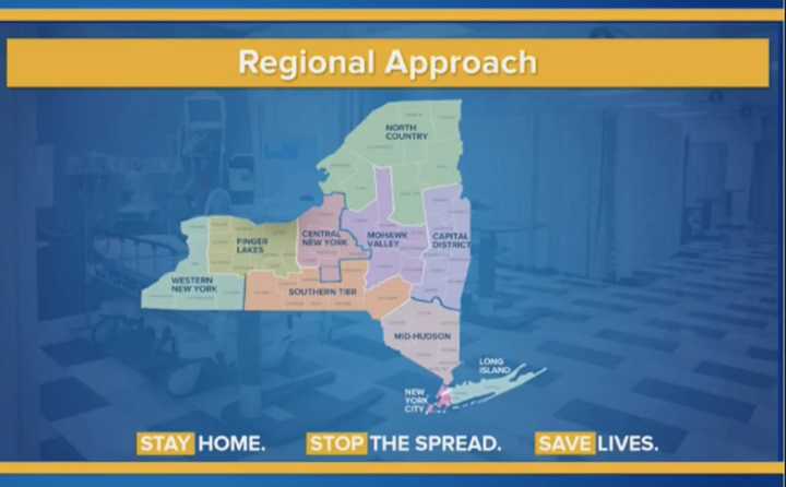 A map showing New York&#x27;s regions for reopening, with upstate and western areas expected to reopen first.