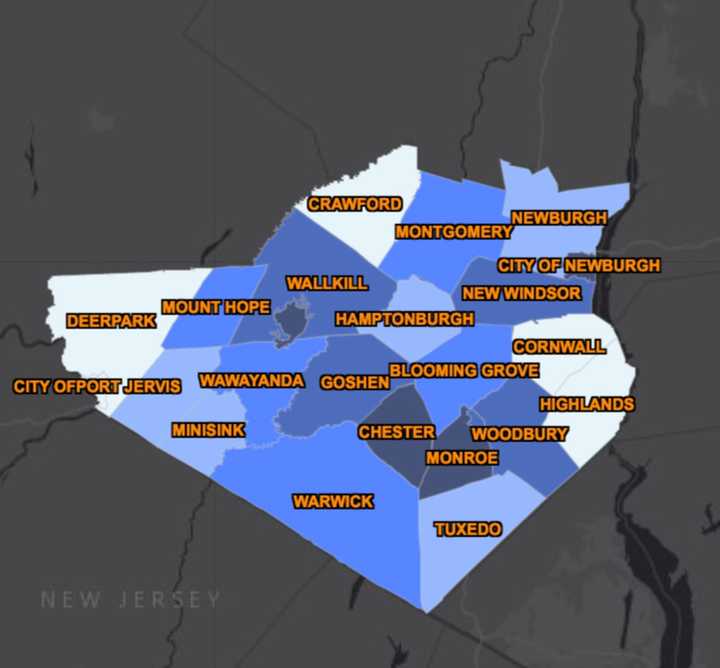 The Orange County COVID-19 map on Wednesday, April 22 (darker colors represents higher concentrations of the virus).