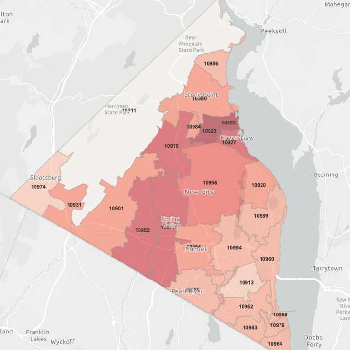 The COVID-19 map of Rockland County on Wednesday, April 22, 2020 (the darker portions represent a higher concentration of cases).