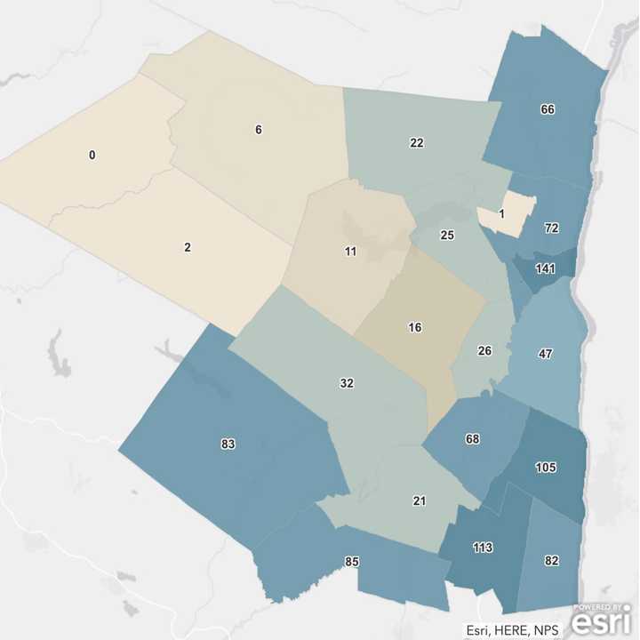 The Ulster County COVID-19 map on Thursday, April 23 (the highest concentration of cases are in the darker shaded regions.)