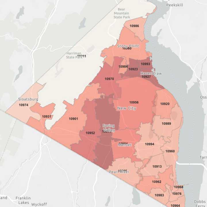 The number of cases of COVID-19 in Rockland County continues to grow. The darker shaded areas have a higher number of cases.