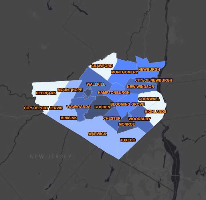 The Orange County COVID-19 map on Monday, April 27 (the darker regions represent the most cases).