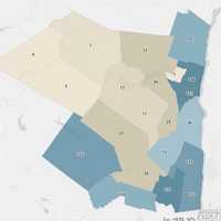 <p>The Ulster County COVID-19 map on Friday, May 1, 2020 (the darker regions represent more cases).</p>