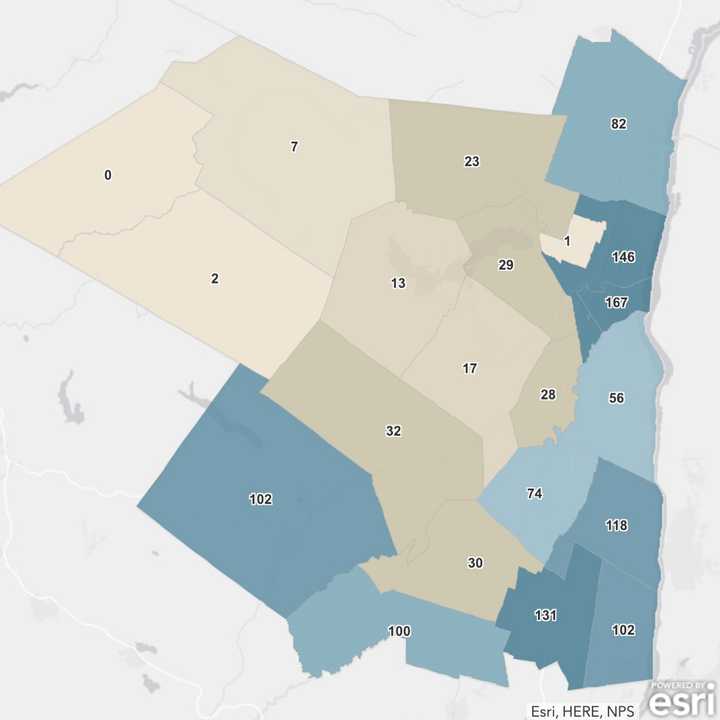 The Ulster County COVID-19 map on Friday, May 1, 2020 (the darker regions represent more cases).