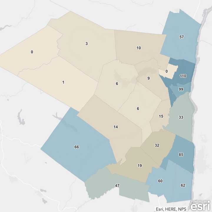 The Ulster County COVID-19 map on Monday, May 4, 2020 (the darker regions represent more cases).