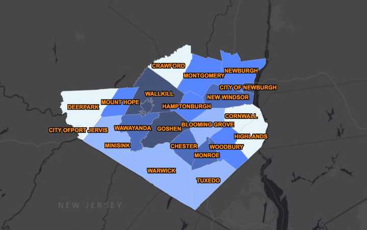 The Orange County COVID-19 map on Monday, May 4 (the darker regions represent the most cases).