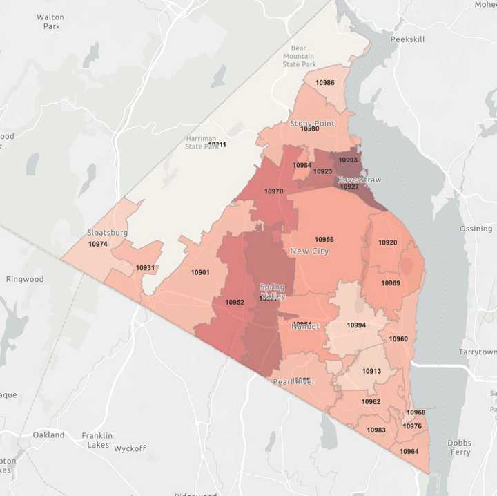 The latest update on the number of COVID-19 cases in Rockland County. The darker shaded areas have the highest number of cases.