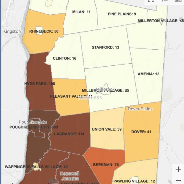 The latest updates of COVID-19 cases in Dutchess County. The darker shaded areas have a higher number of cases.