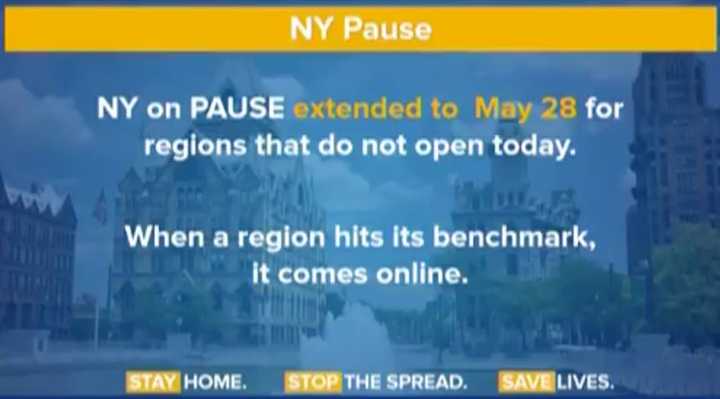 Some regions in New York will stay paused through May 28.