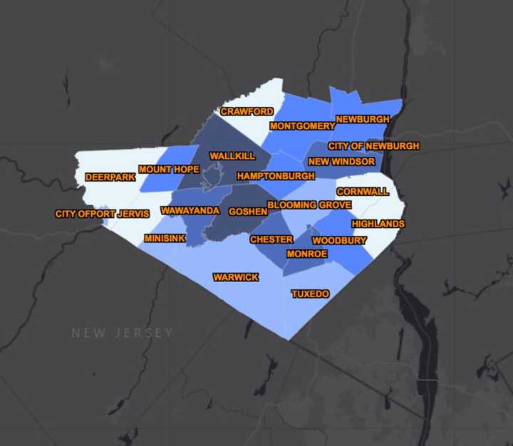 The Orange County COVID-19 map on Wednesday, May 20, 2020 (darker regions represent more cases).